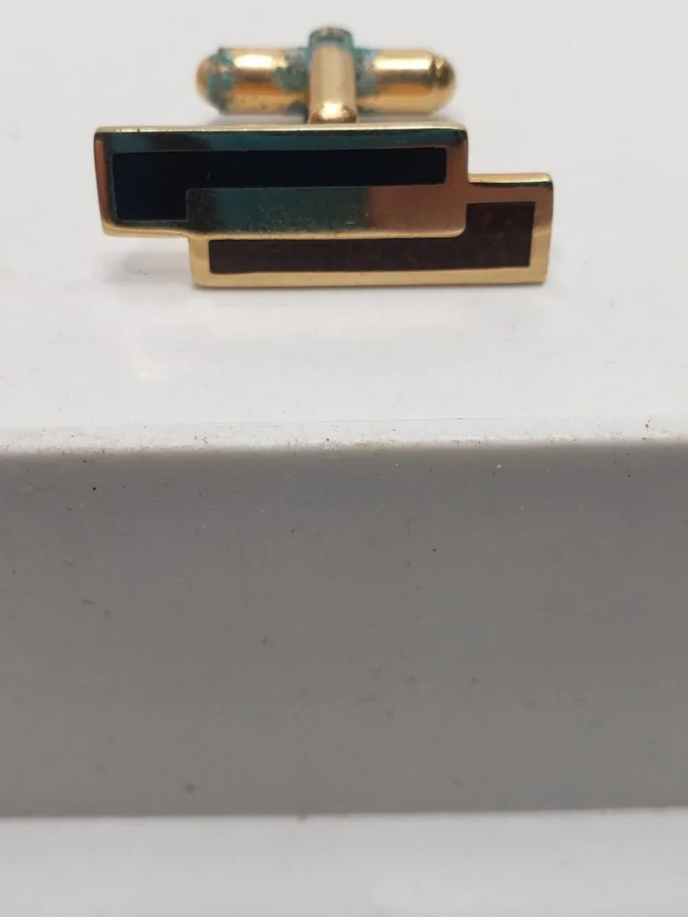Vintage Gold Tone Black Brown Enamel Geometric Cufflinks Mens Formal